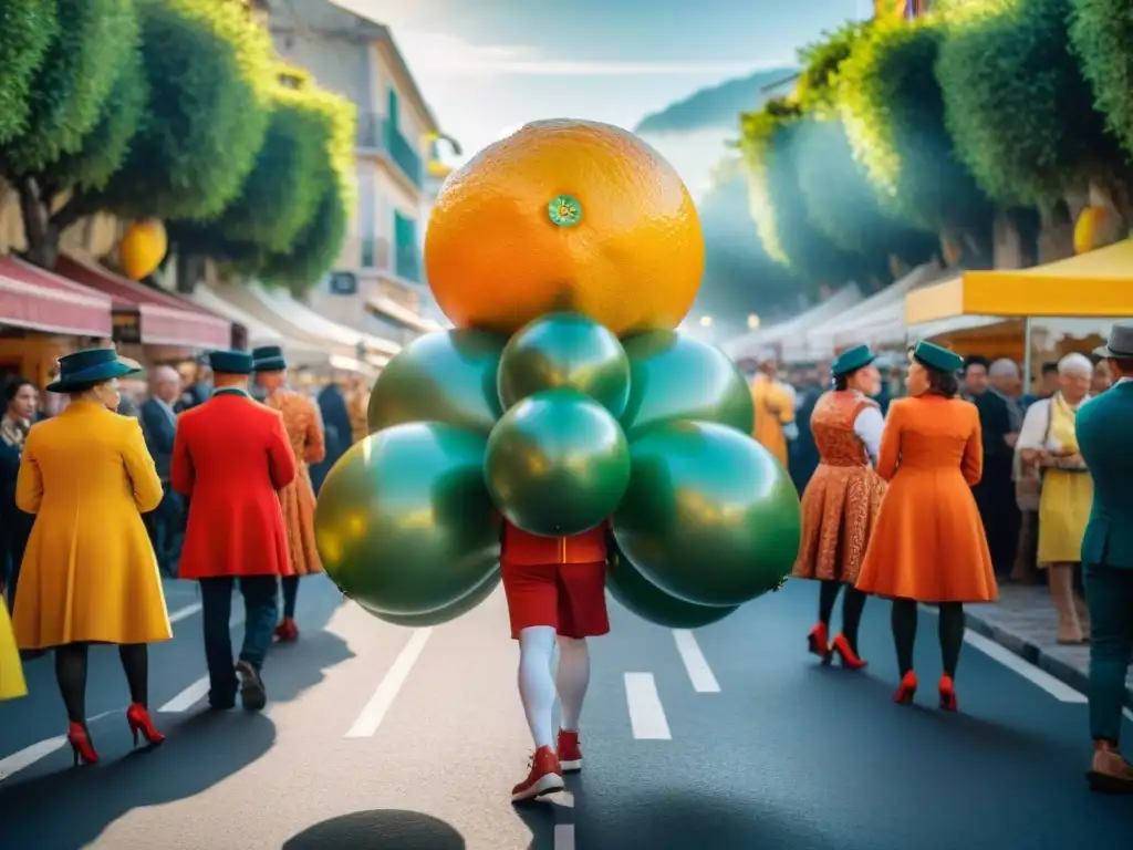 Desfile de carros alegóricos en el festival Fête du Citron en Niza, con colores vibrantes y ambiente festivo