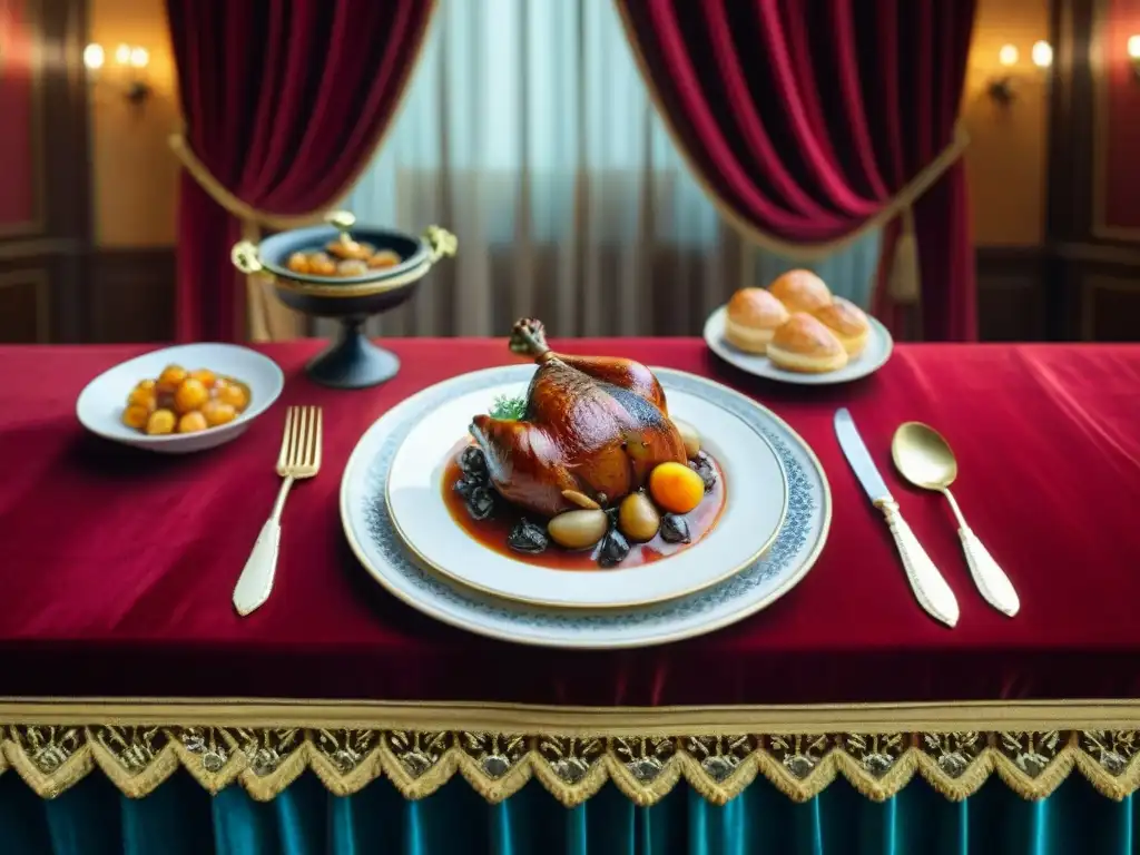 Deslumbrante mesa de banquete francés del siglo XVII en un teatro opulento