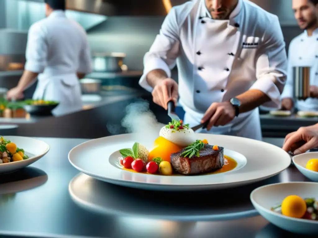 Deslumbrante plato francés en concurso cocina estilo francés, con presentación meticulosa y colores vibrantes en ambiente de competencia