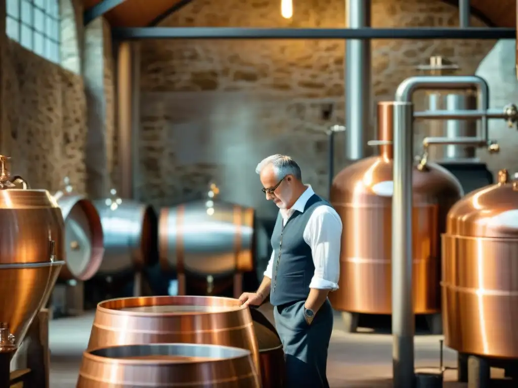 Un destilador de armagnac en Bretaña cuida de las tradicionales alambiques de cobre en una destilería centenaria