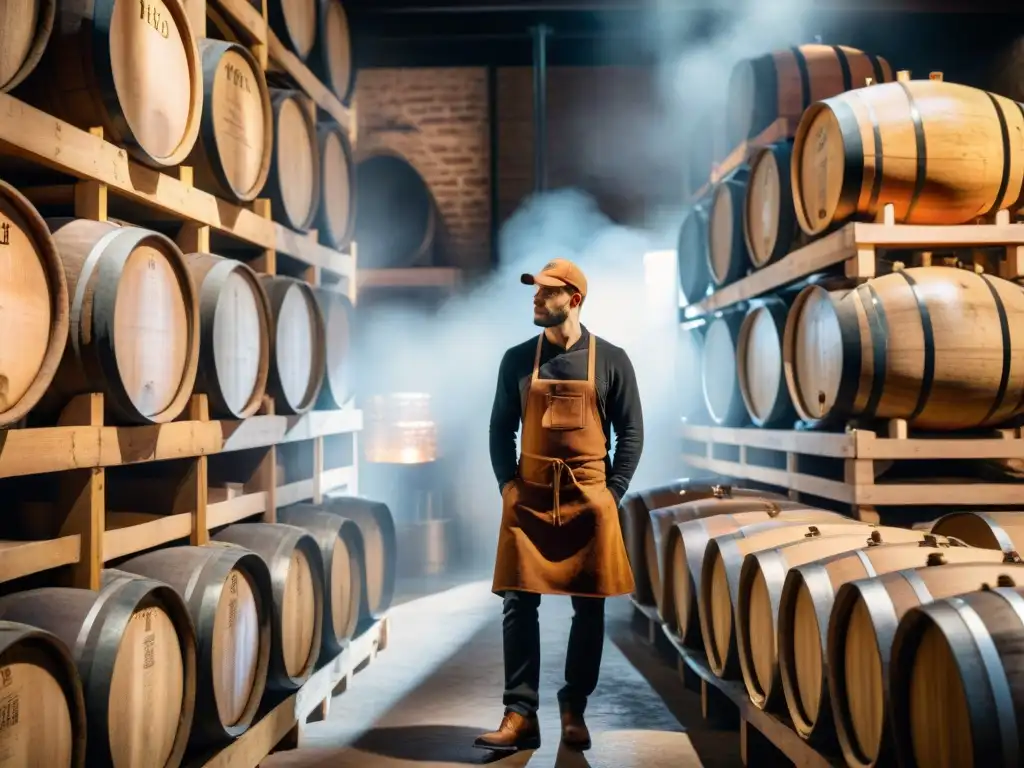 Un destilador francés inspecciona barriles de licores artesanales en una bodega atmosférica