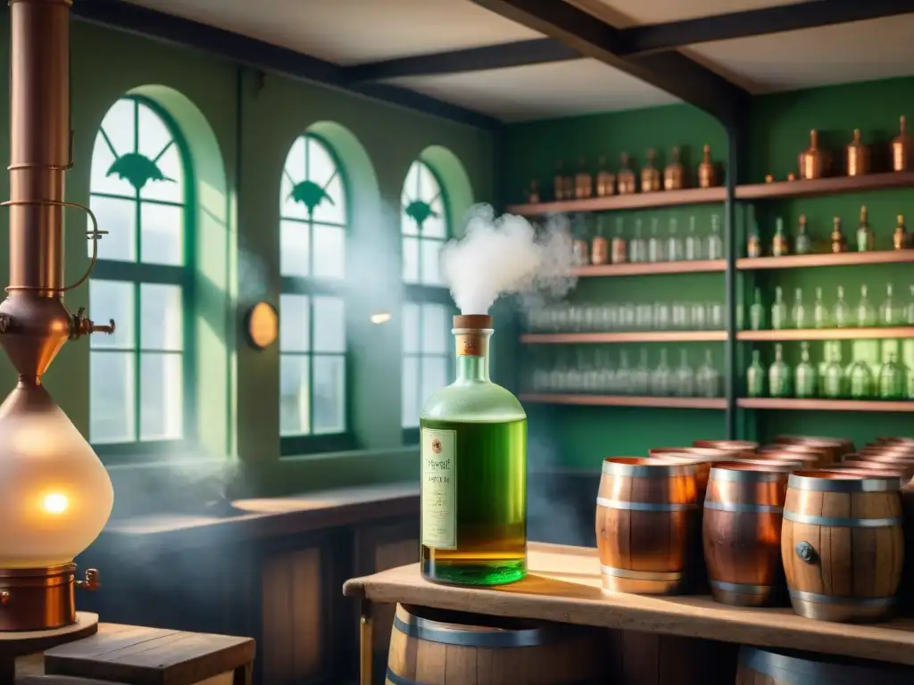 Misterioso destilador de absenta en Francia del siglo XIX El destilador experto crea absenta en destilería vintage, evocando la historia de la absenta en Francia