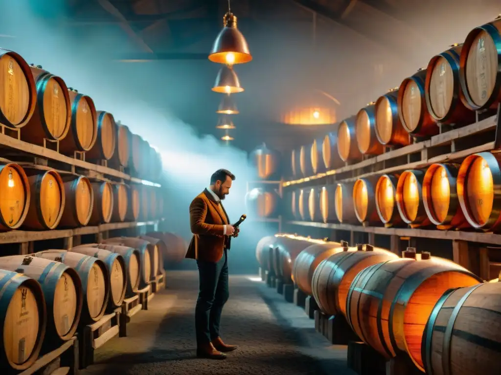 Un destilador francés revisando barriles de cognac en una destilería tradicional, reflejando la historia y elaboración del Cognac francés