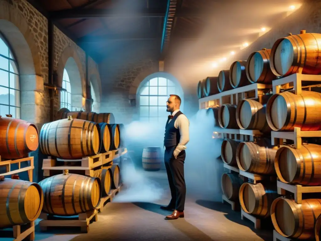 Un destilador francés en su bodega, rodeado de barriles de coñac y viñedos, evocando la tradición de los mitos licores franceses gastronomía