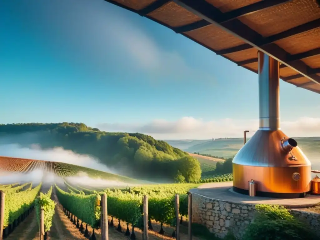 Destilería tradicional francesa en campo pintoresco, destiladores expertos creando licores finos, historia métodos destilación vinos Francia