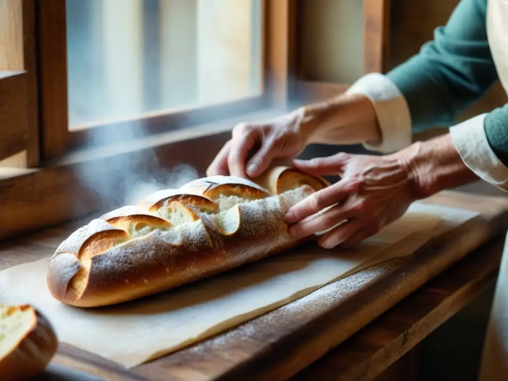 Con destreza, un panadero moldea una baguette en una panadería rústica con luz natural