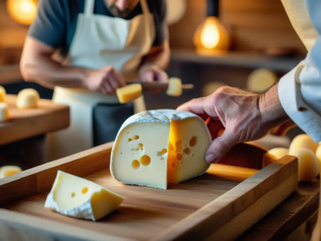 Detallada artesanía del queso francés: manos expertas moldean los cuajos en un molde tradicional de madera