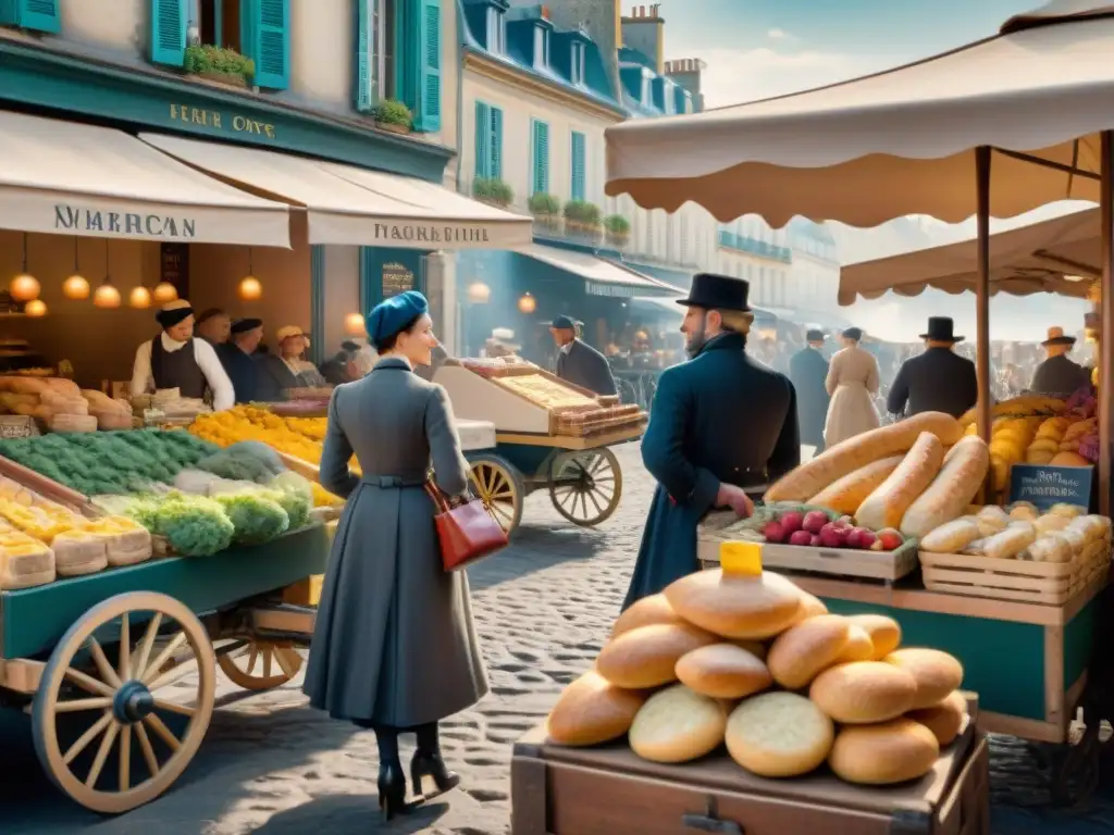 Una fotografía detallada en blanco y negro de un bullicioso mercado francés del siglo XIX, donde se venden baguettes, queso y frutas