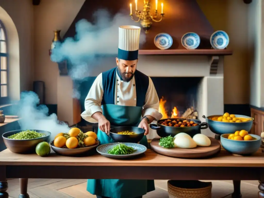 Detallada ilustración de una bulliciosa cocina francesa del siglo XVII, chefs preparando platos entre utensilios y fuego