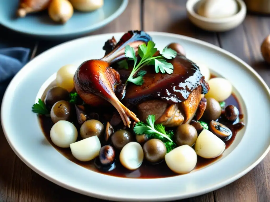 Una representación detallada de Coq au Vin en un plato francés vintage, con salsa de vino tinto brillante y ingredientes frescos