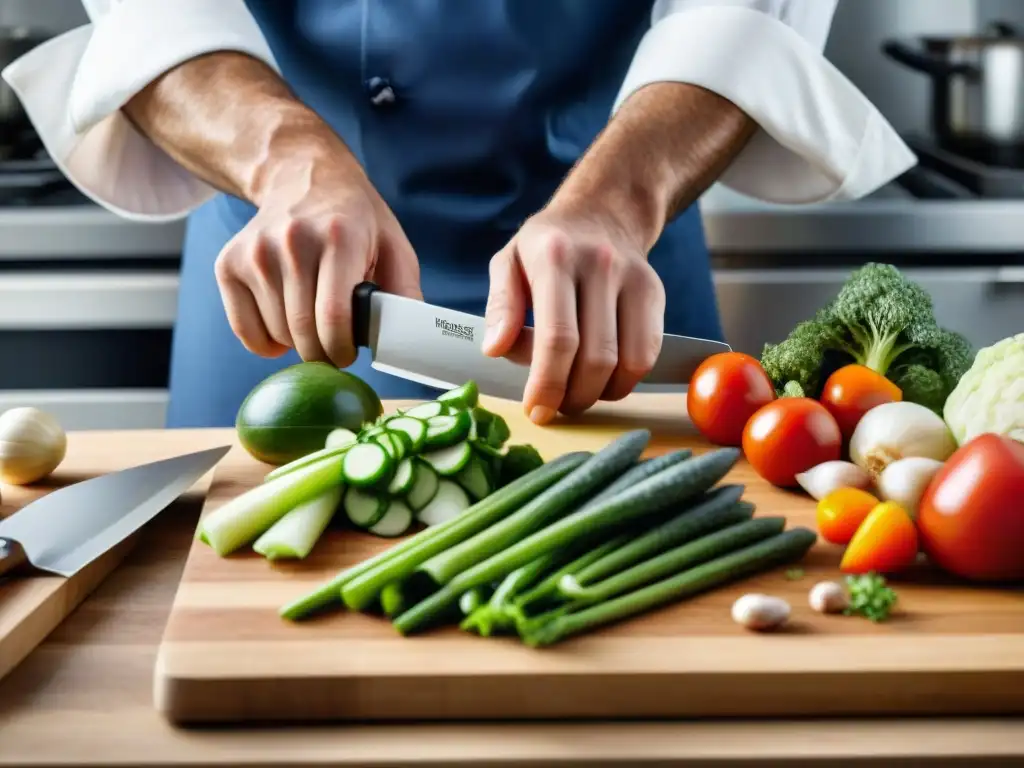 Detallada imagen de un chef francés cortando vegetales con precisión en tabla de madera