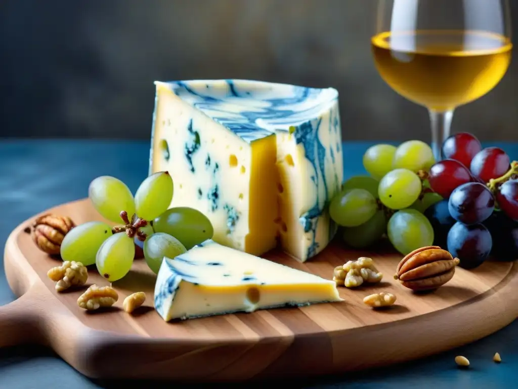 Detallada imagen de un exquisito queso Roquefort francés sobre tabla de madera, uvas frescas, miel y nueces