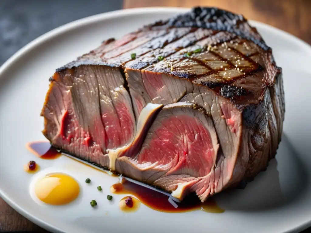 Detallada imagen de un filete francés seco con veteado, listo para salsas asiáticas para carnes francesas