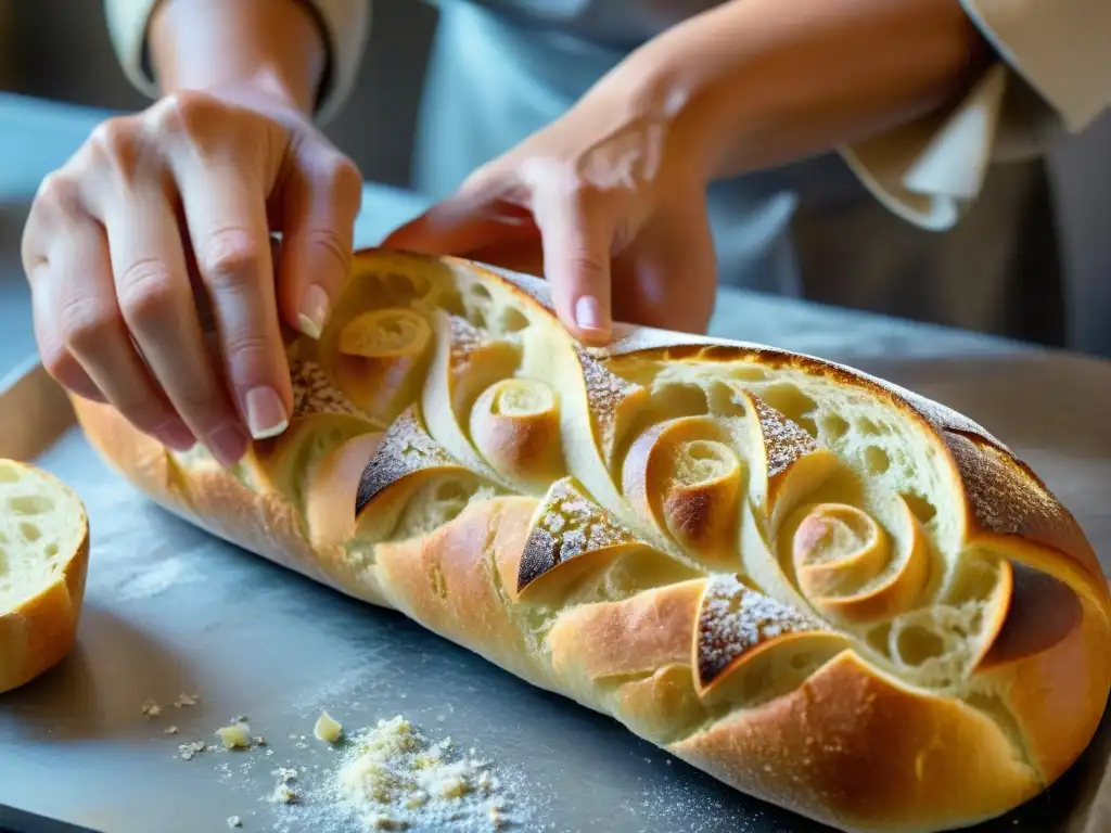 Detallada imagen de un panadero tallando patrones florales en una baguette recién horneada, destacando el tallado artístico en pan francés