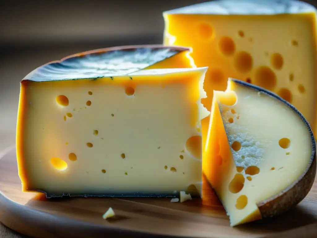 Detallada imagen del queso Comté, con sus elegantes vetas marfil, crema y doradas