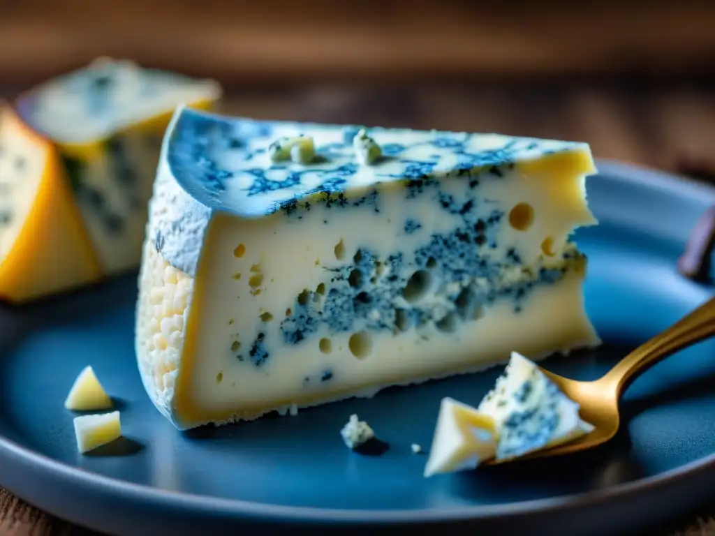 Detallada imagen de un Queso Roquefort desmenuzándose, con vetas azules, resaltando los intensos sabores de los quesos azules franceses