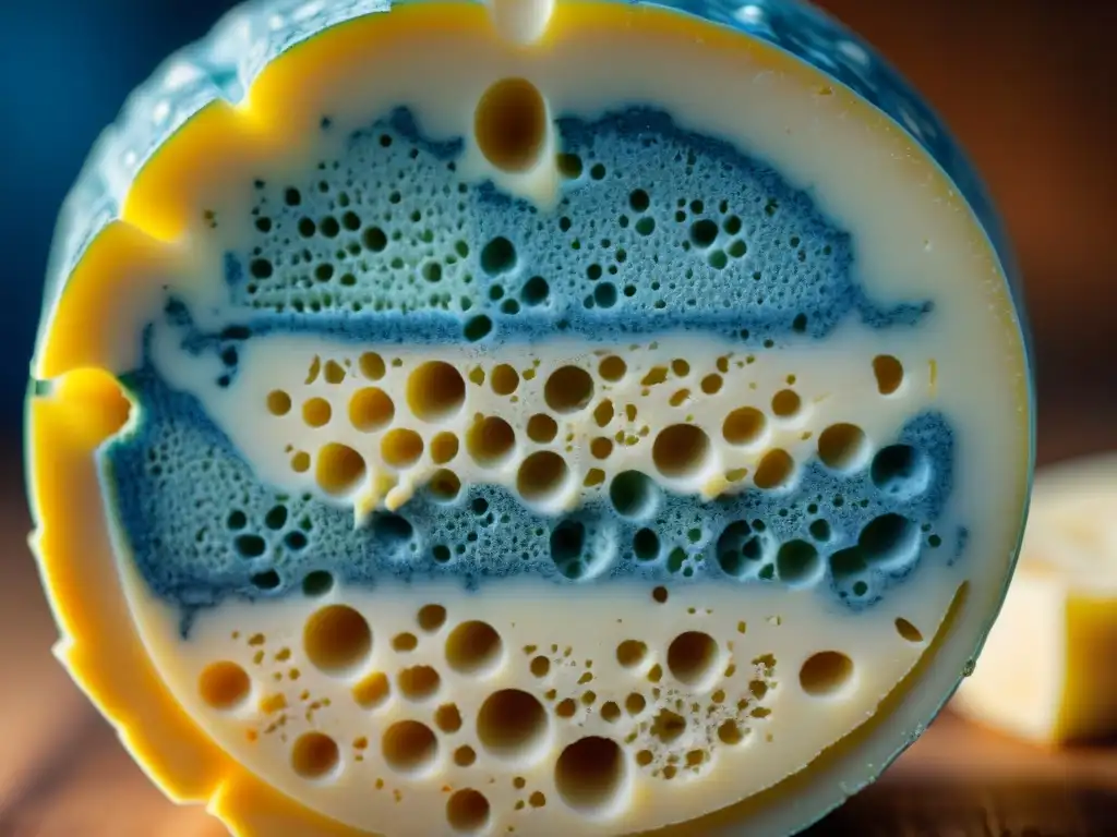 Detallada imagen de queso Roquefort francés envejecido, destacando venas azules sobre blanco cremoso