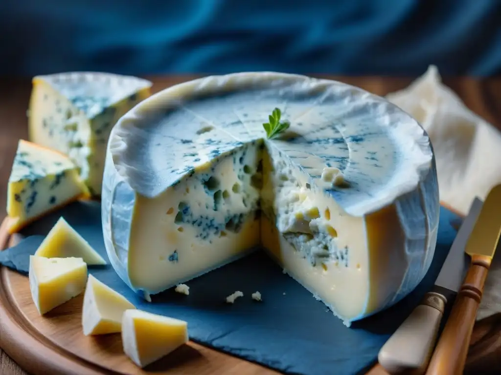 Detallada imagen de un queso Roquefort con vetas azules, mostrando la artesanía y tradición de los quesos azules franceses variedades sabor