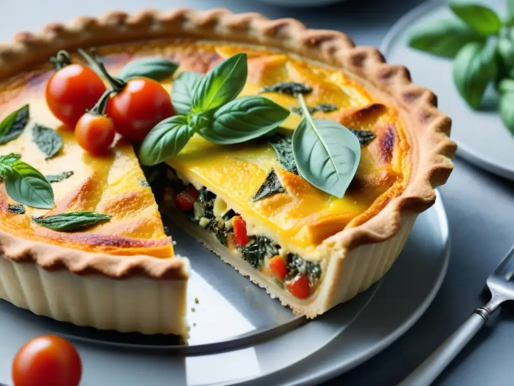 Detallada imagen de un quiche perfecto: crujiente y dorado, con relleno cremoso y vegetales frescos