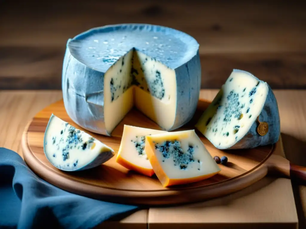 Detallada imagen de un vibrante queso Roquefort azul sobre tabla de madera, resaltando los intensos sabores de quesos azules franceses