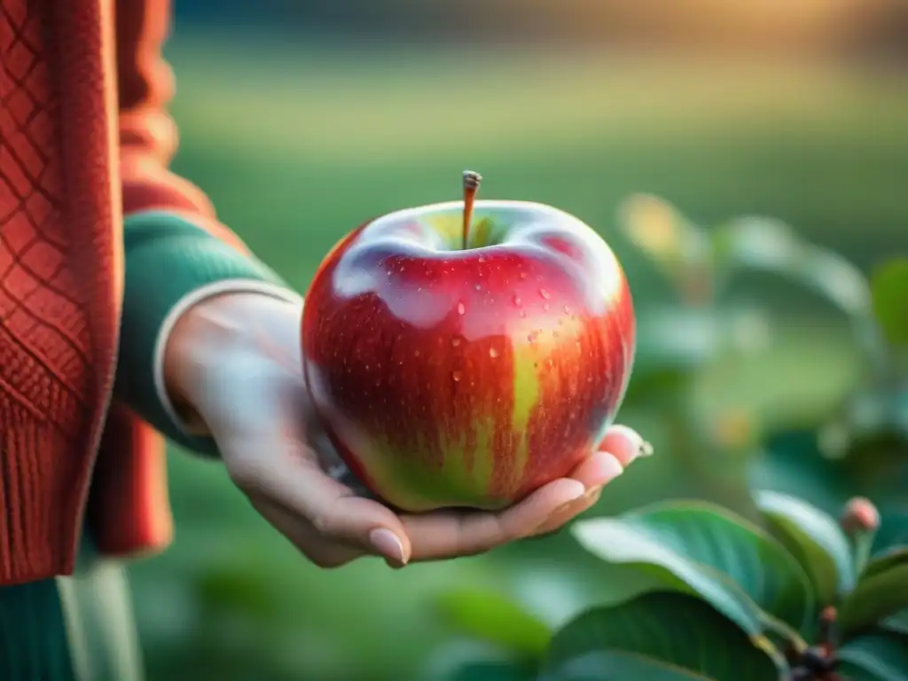 Detallada manzana Bretagne vibrante y madura, con brillo y patrones rojos y verdes