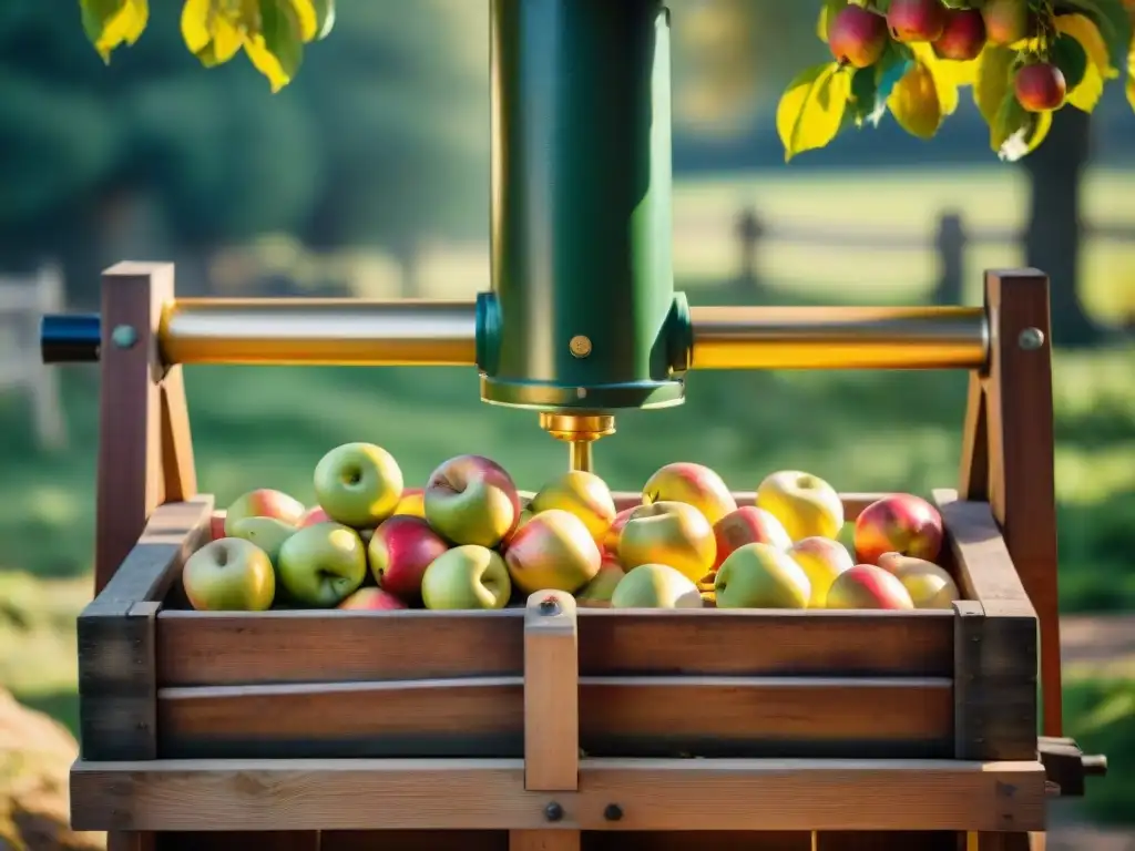 Detallada prensa de sidra francesa en acción, con manzanas prensadas en líquido dorado