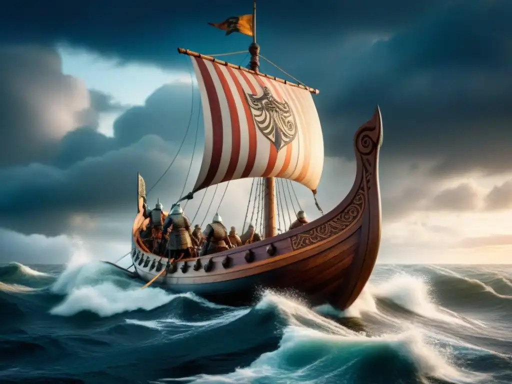 Ilustración detallada de un drakkar vikingo surcando mares tormentosos, con guerreros a bordo y ornamentos tallados