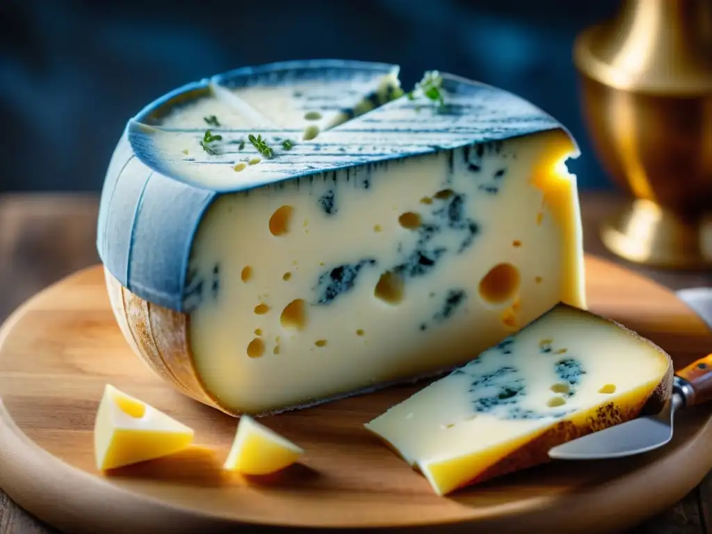 Detallado primer plano de un queso Roquefort francés envejecido, mostrando sus vetas azules y textura, en una tabla de quesos rústica