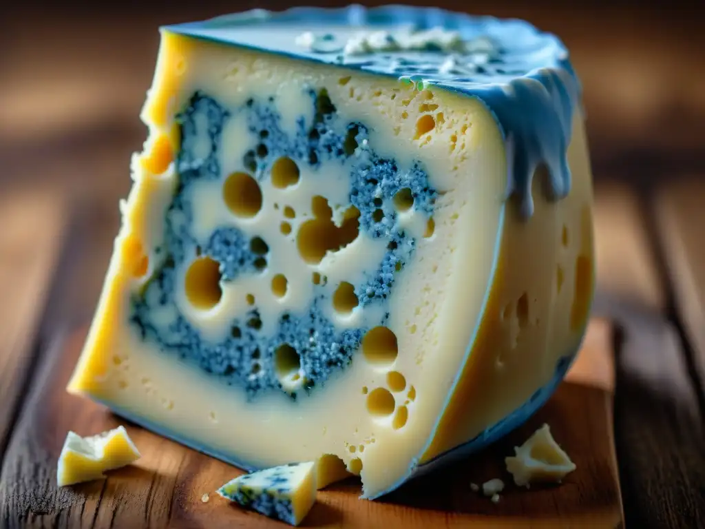 Detallado queso Roquefort envejecido, con vetas azules sobre fondo rústico de madera, reflejando la artesanía de quesos azules franceses gourmet