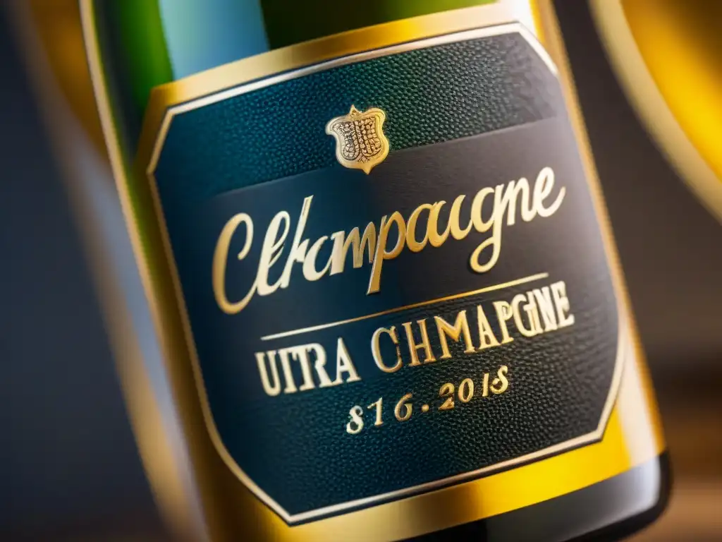 Detalle artesanal en etiqueta de botella de champagne, con diseño dorado y mapa de la región de origen