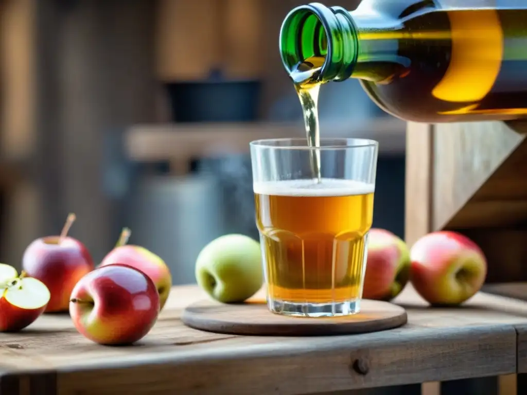 Detalle artesanal: sidra francesa fluyendo en vaso delicado, con burbujas, manzanas frescas y prensa vintage