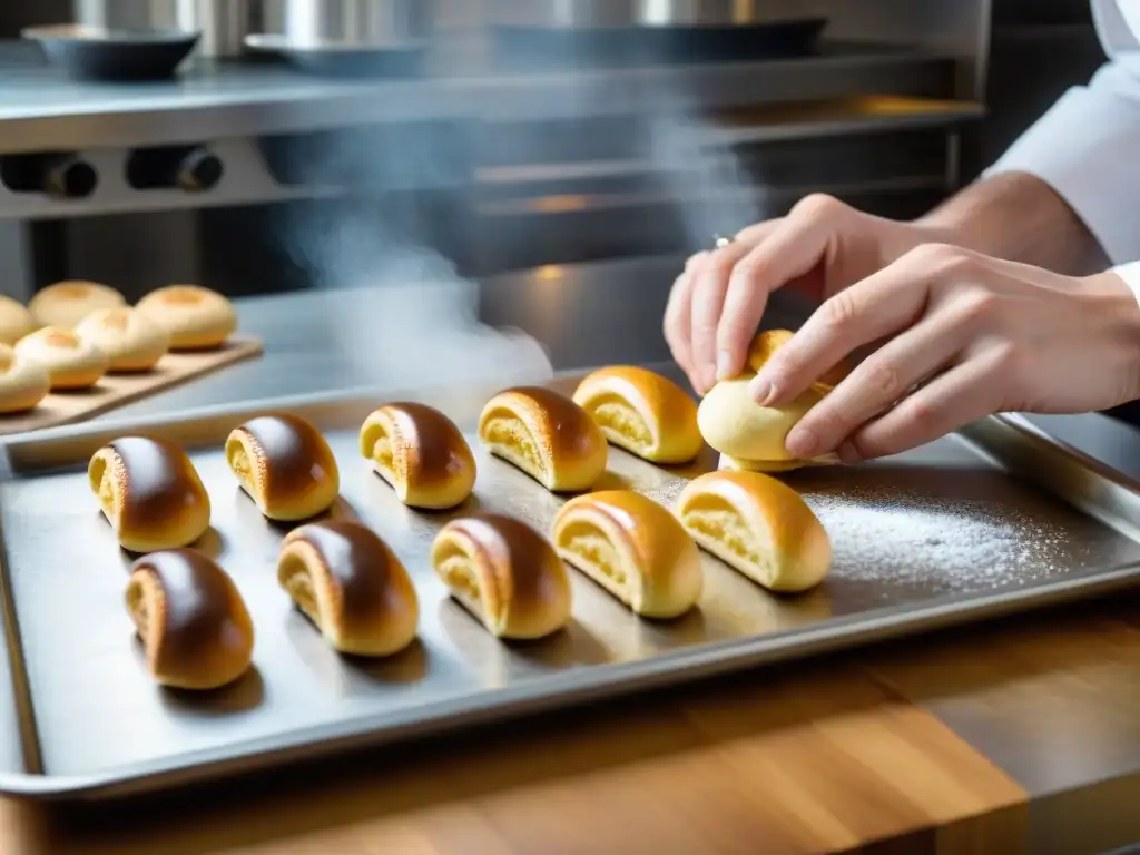 Detalle asombroso de un chef creando éclairs con la receta Pâte à choux, en un entorno profesional de cocina