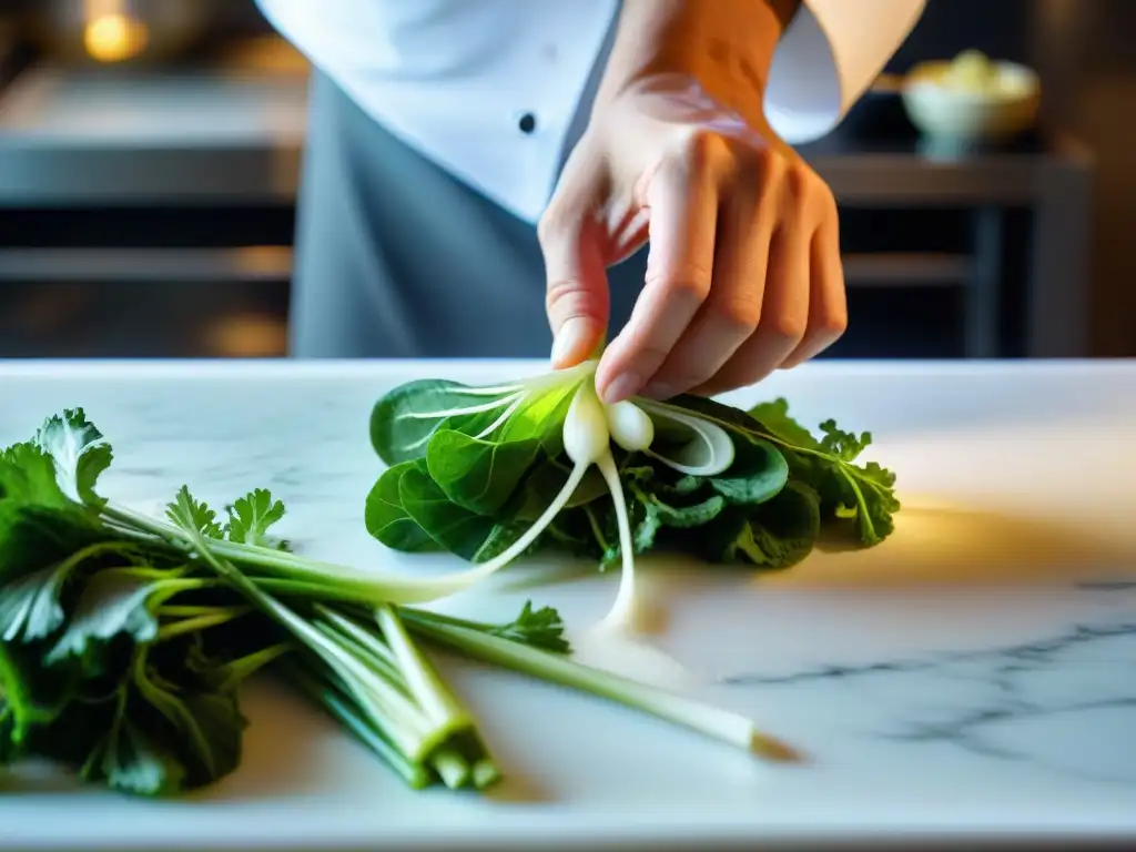 Detalle asombroso: chef tallando una flor de rábano sobre verduras