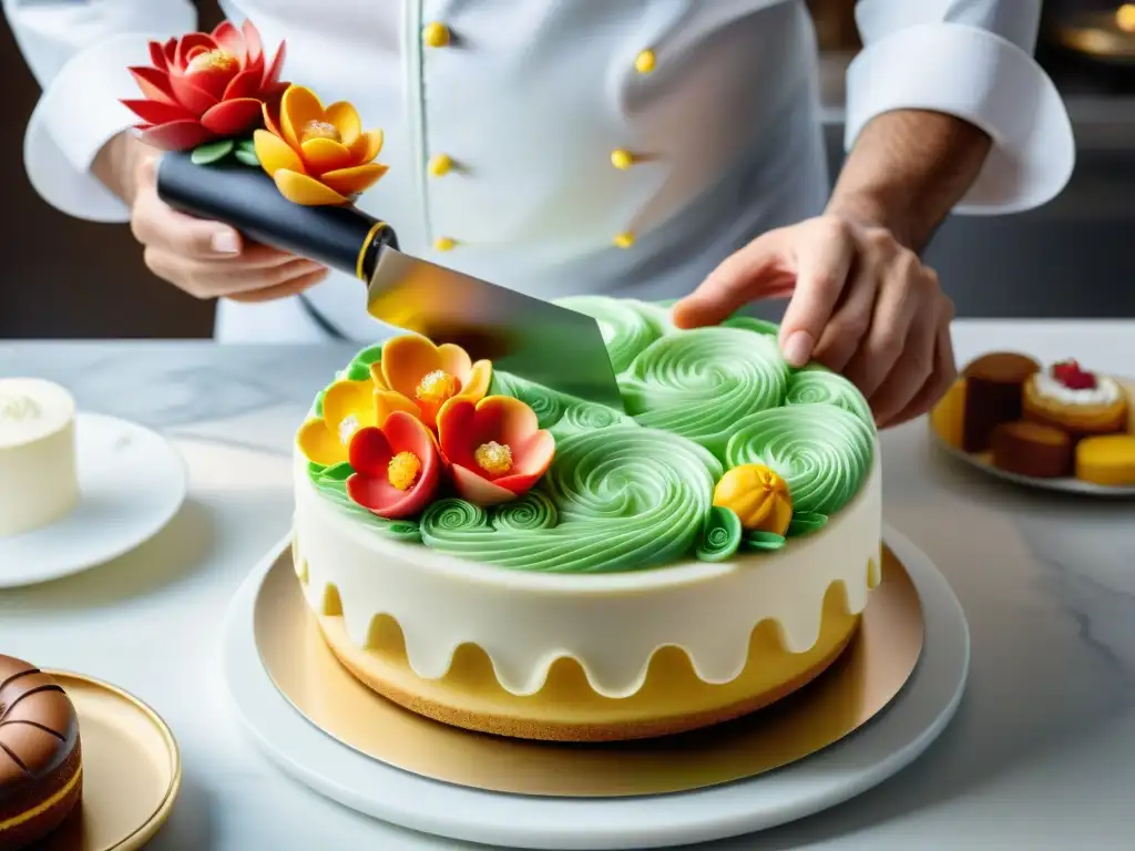 Detalle asombroso de la pastelería francesa obra de arte, con un chef creando delicadas decoraciones en un pastel multicolor