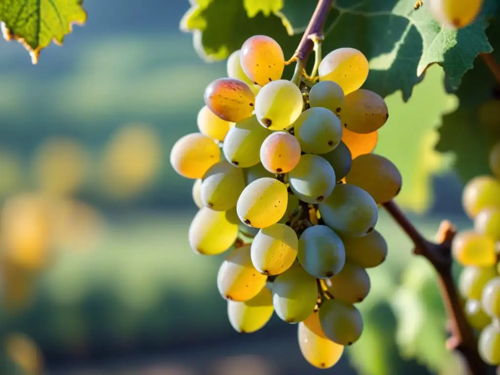 Detalle asombroso de racimo de uvas Sauternes doradas bajo la luz, con textura miel y venas, resaltando la pureza de este vino francés