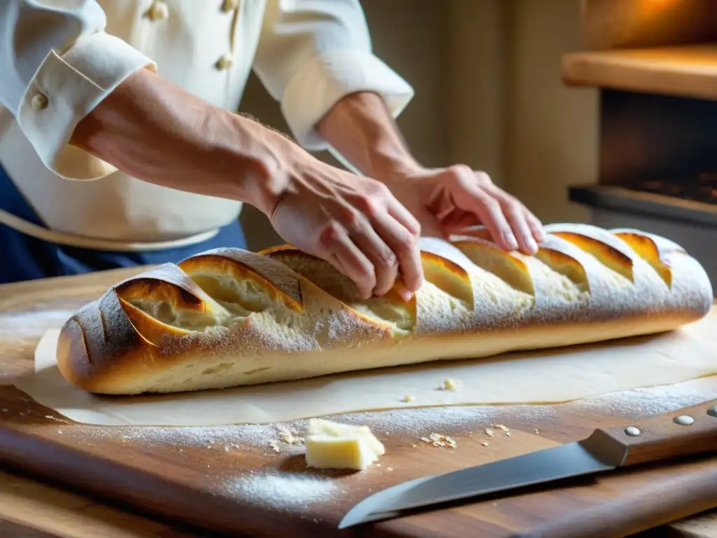 Detalle de baguette francesa siendo cortada, mostrando la historia y evolución de la panadería francesa