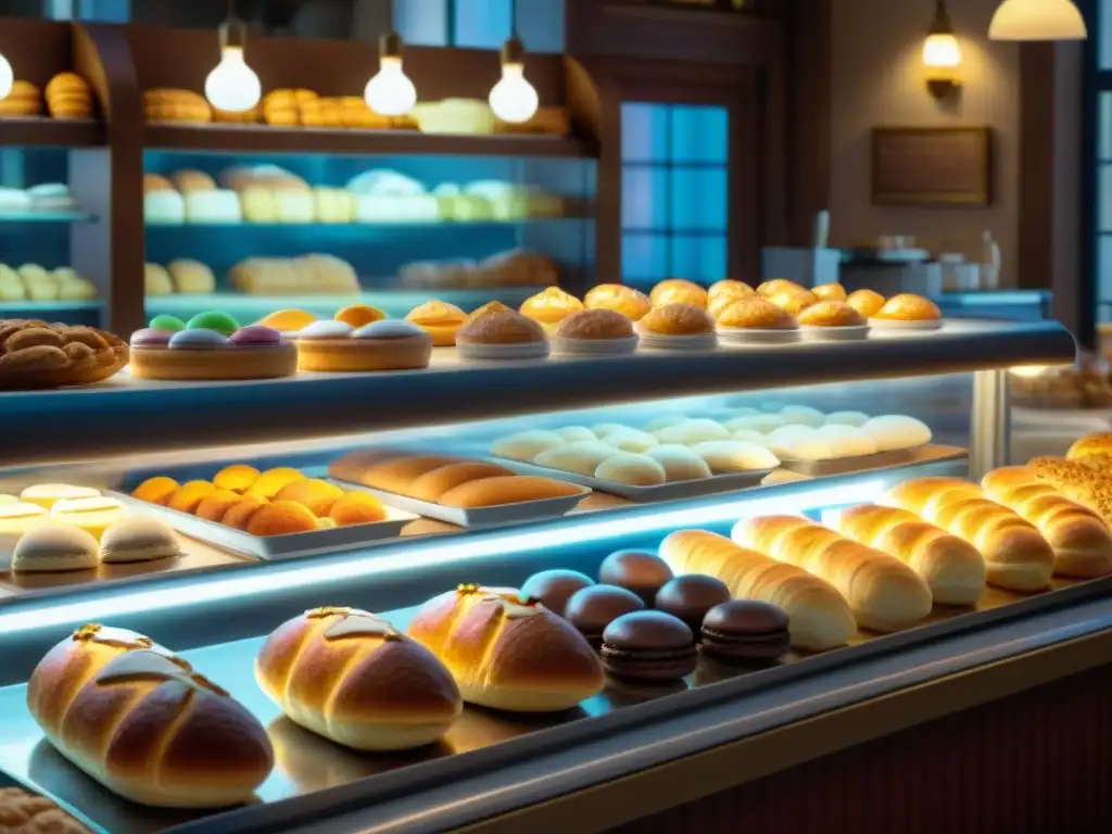 Detalle de una bulliciosa panadería francesa con una variedad de panes, pasteles y postres, iluminados cálidamente