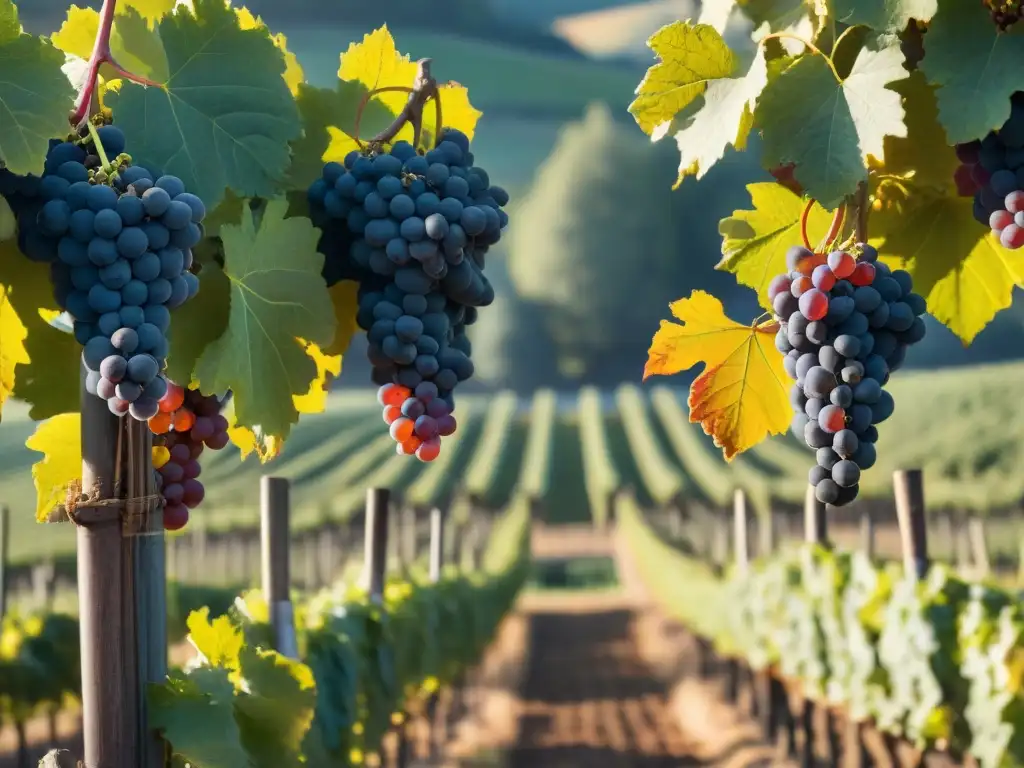 Viñedo centenario en Borgoña: tradición y exquisitez en cada racimo Detalle de una centenaria vid en Borgoña con uvas Pinot Noir brillantes al amanecer
