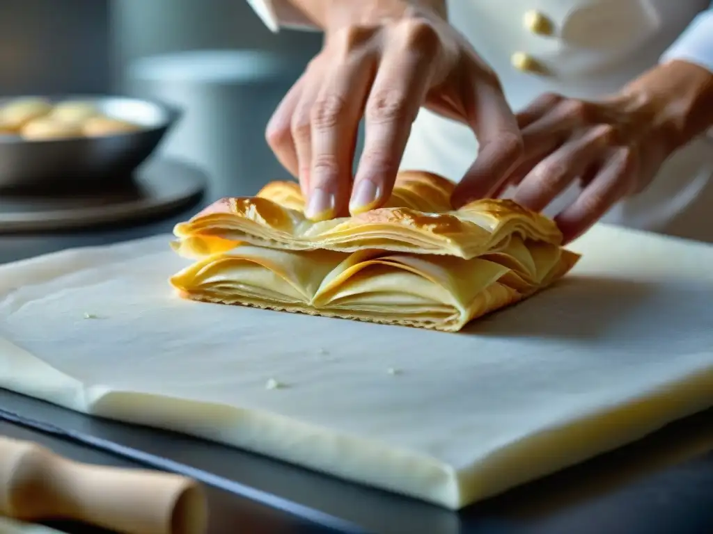 Detalle de chef experto formando capas de hojaldre para un millefeuille francés