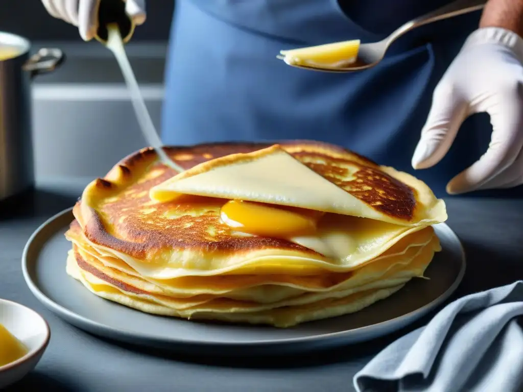 Detalle de chef preparando un exquisito Croque Monsieur con capas de crepas, bechamel, jamón y queso Gruyère