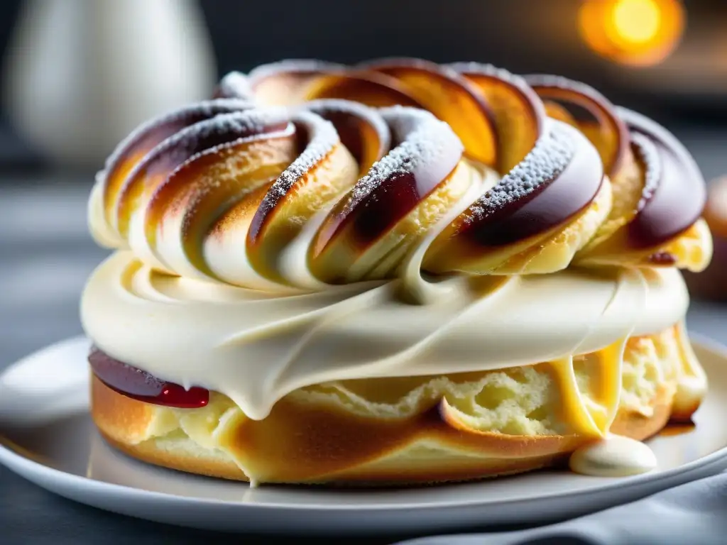 Detalle de un chef de pastelería francés creando una obra de arte con crema de frambuesa: pastelería francesa: arte y ciencia