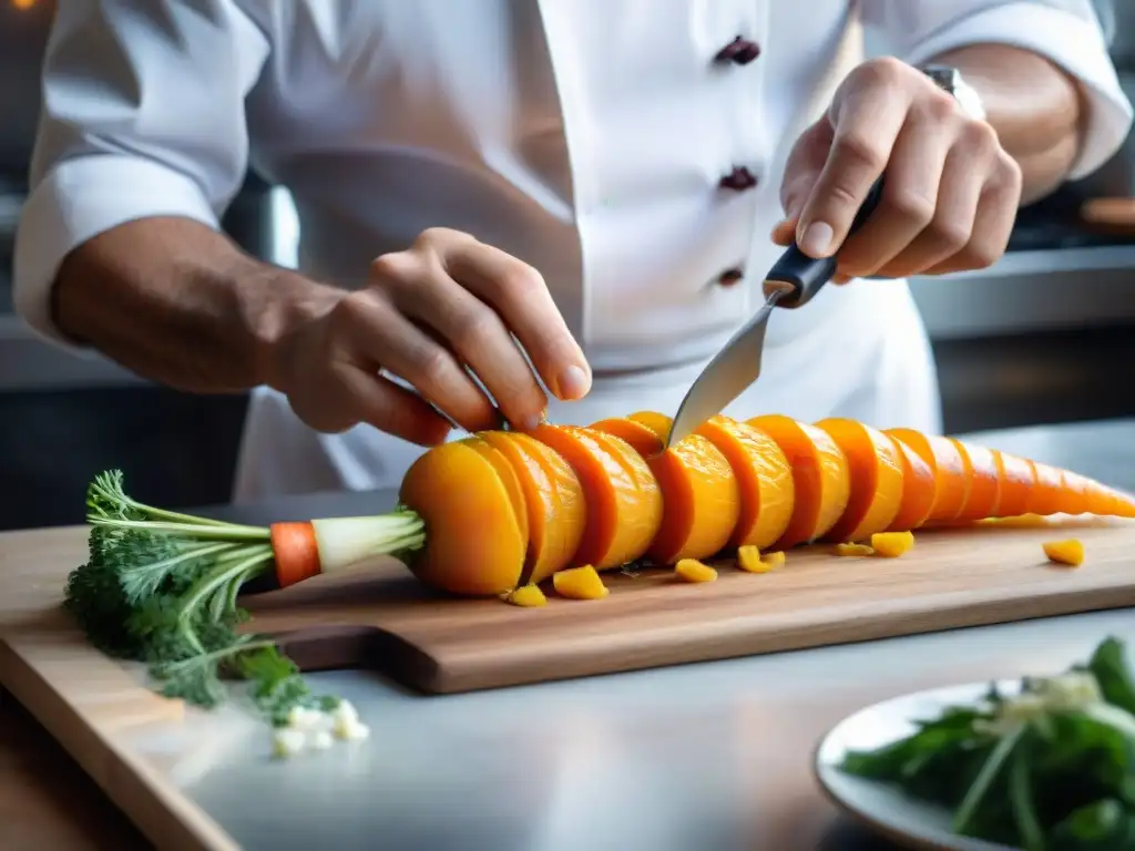 Detalle de chef tallando con precisión en zanahoria, destreza y arte en cocina francesa