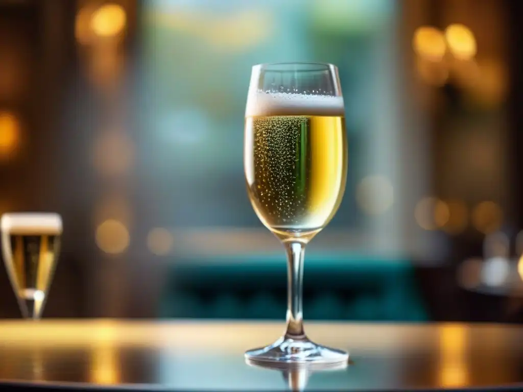 Detalle de una copa de champán siendo llenada en un elegante restaurante francés, historia del champán en Francia