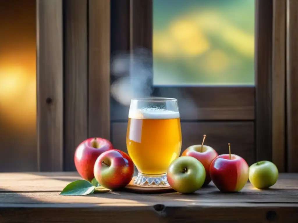 Detalle de una copa de sidra francesa recién servida en una mesa de madera con manzanas maduras