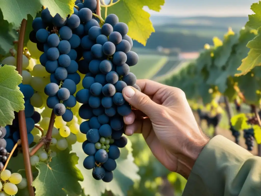 Detalle de la cosecha manual de uvas en Champagne, destacando la tradición y normativas producción Champagne influencia culinaria