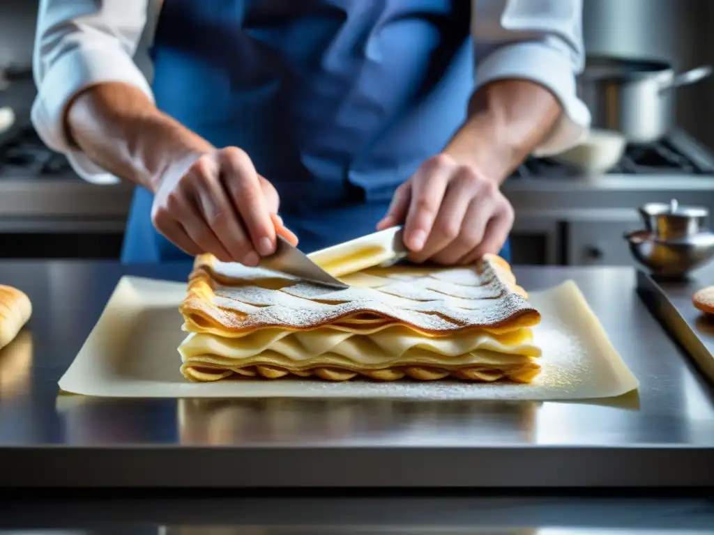 Detalle de la creación de un millefeuille francés, mostrando las técnicas culinarias platos franceses en acción