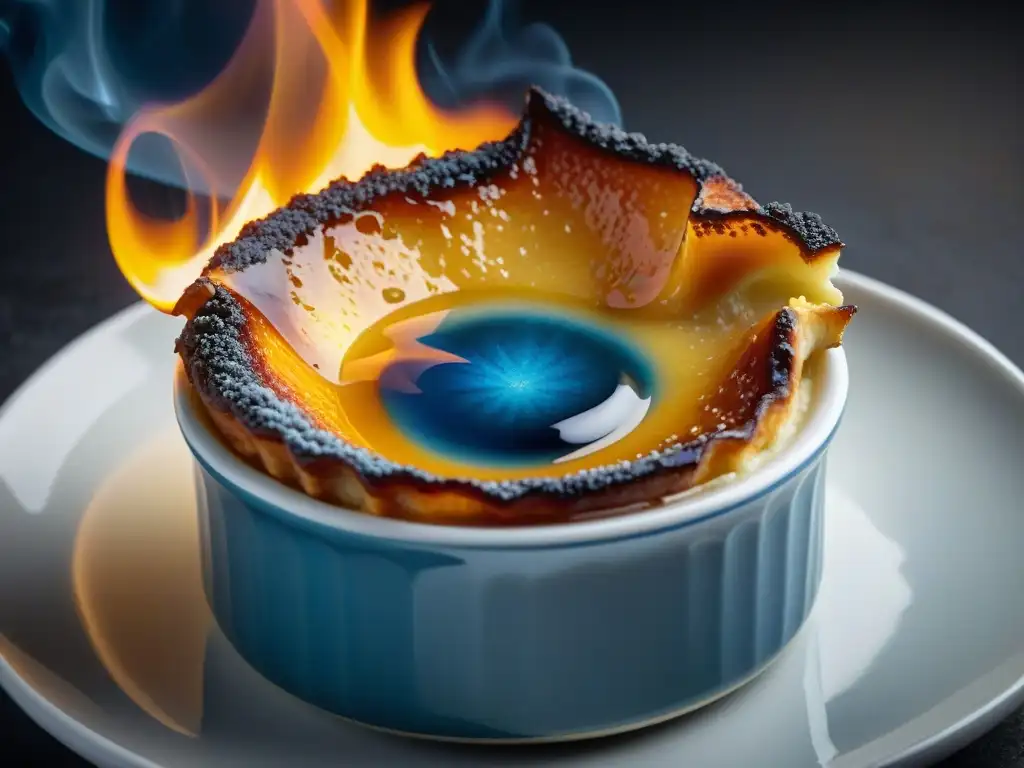 Detalle de una Crème Brûlée perfectamente caramelizada con soplete, mostrando la maestría detrás de cómo cocinar platos franceses