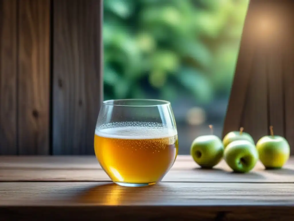 Detalle cristalino de sidra francesa dorada en vaso, burbujas ascendentes, mesa rústica con manzanas verdes y botella borrosa