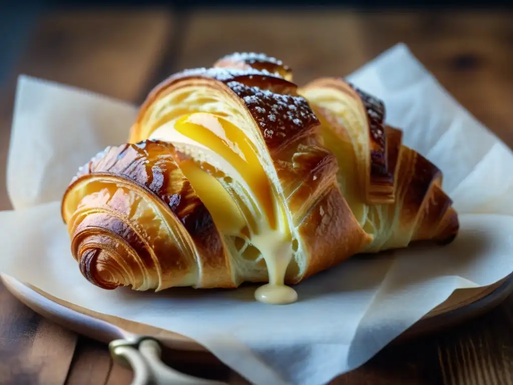 Delicioso croissant dorado y escamoso: detalle ultra HD Detalle de un croissant dorado y escamoso, reflejando la tradición de la gastronomía francesa