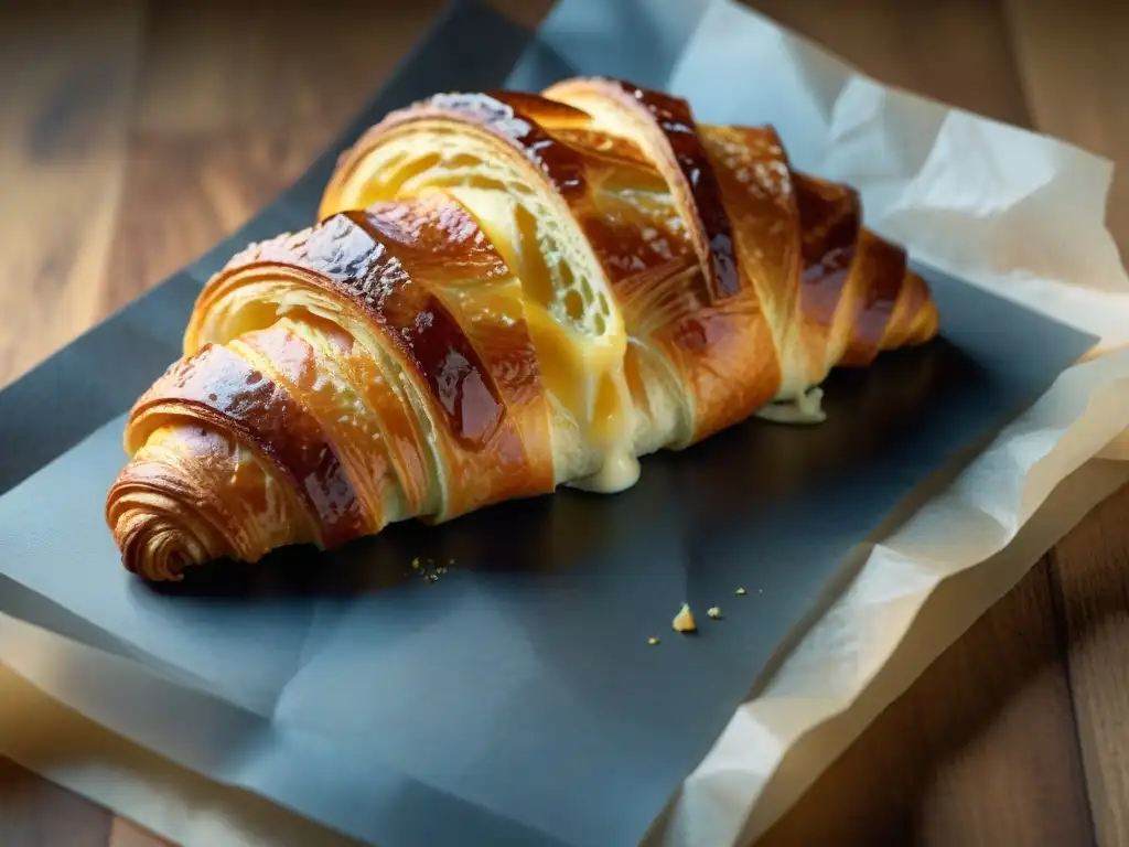 Detalle de un croissant dorado recién horneado, mostrando sus capas y textura, destacando la maestría de la panadería francesa